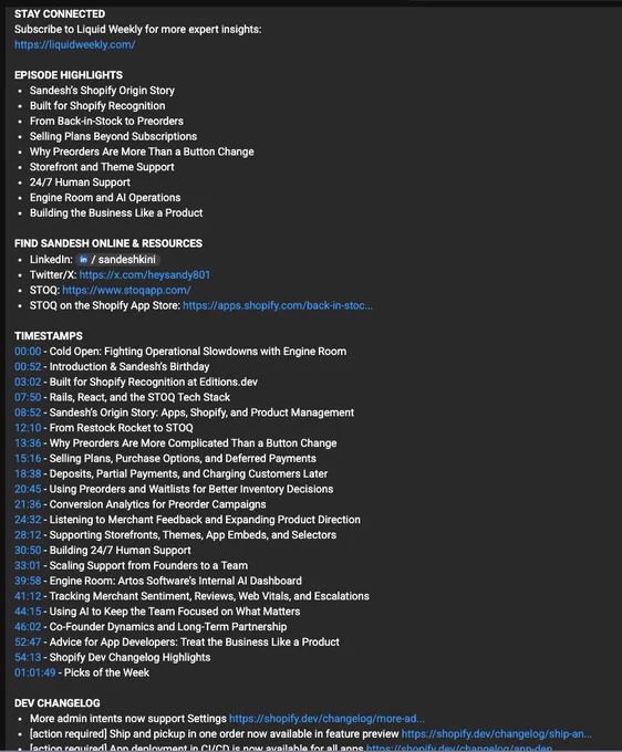 text of youtube description from Sandesh's episode (most recent) with sections to stay connected, episode highlights, find sandesh online, timestamps, and dev changelog in view