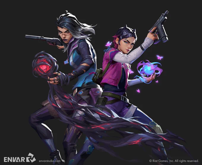 Two animated characters posed back-to-back, each armed with a gun and holding an energy orb. The scene is intense with a focus on action and power.