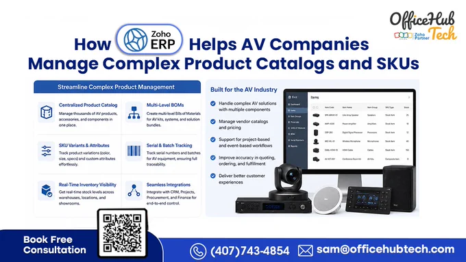 Zoho ERP helps AV Manufacturers, Distributors, and System Integrators simplify complex product catalogs, manage thousands of SKUs, improve inventory visibility, automate procurement, and gain better control over operations.

As AV environments become more connected through conferencing systems, LED displays, surveillance, automation, networking, and smart building technologies, managing inventory across projects, warehouses, and departments becomes increasingly challenging.

📌 In our latest article, you'll learn:
✔ How to manage complex AV product catalogs and SKUs
✔ Improve inventory accuracy and warehouse visibility
✔ Streamline procurement and inventory planning
✔ Track serialized assets and warranties
✔ Leverage AI-driven operational intelligence

At OfficeHubTech, we help AV businesses build scalable, automated, and connected operations through customized Zoho ERP implementation and workflow automation.

💬 Curious how Zoho ERP can fit into your AV operations? Let's discuss.