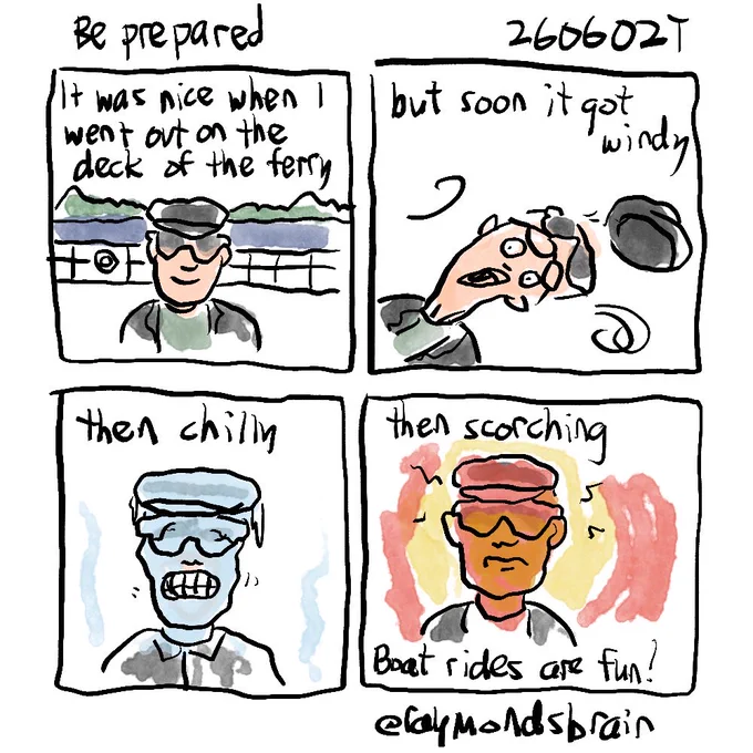 Guy on ferry; guy being blown away; guy frozen; guy smouldering