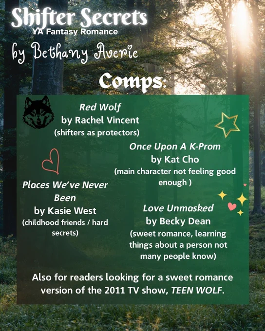 Forest background. Top of the image the text reads: Shifter Secrets, YA Fantasy Romance by Bethany Averie. Below it text reads: Comps: and below that is a green square. Inside the green square the text reads: "Red Wolf" by Rachel Vincent (shifters as protectors), Once Upon A K-Prom by Kat Cho (main character not feeling good enough), Places We've Never Been by Kasie West (childhood friends/hard secrets), Love Unmasked by Becky Dean (sweet romance, learning things about a person not many people know) Also for readers looking for a sweet romance version of the 2011 TV show, TEEN WOLF. By the Red Wolf title is a drawing of a wolf's face. By the title, Once Upon A K-Prom is an outline of a gold star. By the title, Love Unmasked, are graphics of some tiny gold stars and a tiny pink heart.