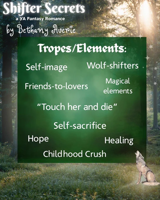 Forest background. Text at the top reads: Shifter Secrets a YA Fantasy Romance by Bethany Averie. Below the text is a green square. Inside the green square the text reads: Tropes/Elements:  Self-image, Wolf-shifters, Friends-to-lovers, Magical elements, "Touch her and die", Self-sacrifice, Hope, Healing, Childhood Crush