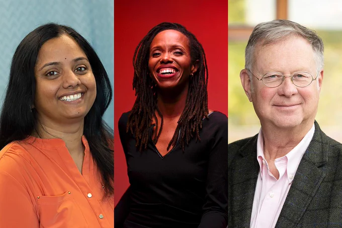 Collage image of three upcoming hon docs from Carleton University: Latha Vishnubhotla, Kellylee Evans and Bruce Lourie
