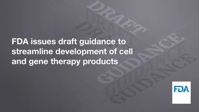 Grey graphic with text stating "FDA issues draft guidance to streamline development of cell and gene therapy products." The background features multiple faded instances of the words "DRAFT GUIDANCE." The FDA logo is in the bottom right corner.