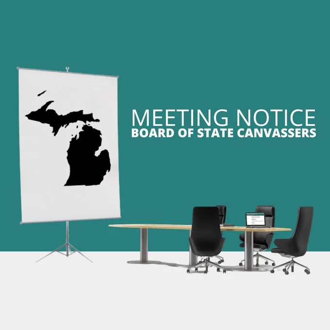 Laptop on table with four empty chairs and a poster of a Michigan map.

Text: Meeting notice
Board of State Canvassers