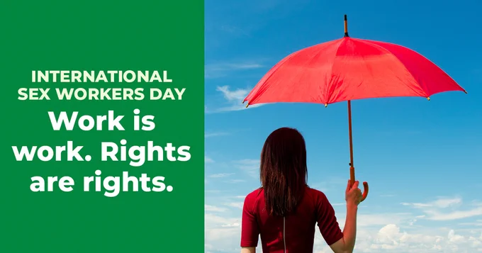 a woman holding a red umbrella as the international sign of sex workers 