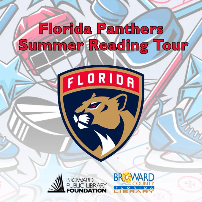 Graphic for the "Florida Panthers Summer Reading Tour," featuring the Florida Panthers NHL team logo in the center. The background shows illustrated hockey gear, and the bottom displays the logos for the Broward Public Library Foundation and Broward County Library.