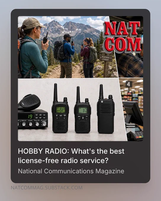 🚀 Seeking a license-free radio service for you, your family, workplace or group? Uncover the top options: #FRS, #CBradio and #MURS, plus a surprising alternative you may not have considered. Read our report with your email address at NatComMag.com. 📡