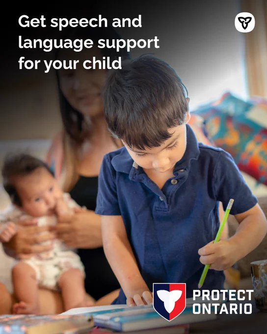 Young boy writing with caregiver and baby behind him; banner offers speech and language support for children.