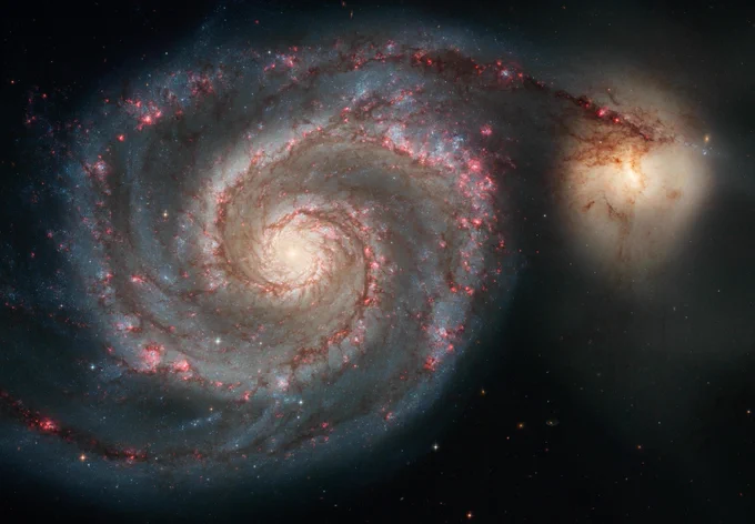 Whirlpool Galaxy. A massive, face-on spiral galaxy glows with a yellow core and spiral arms full of dark brown dust and pink stars. The galaxy extends outward, with its outermost arm appearing to overlap with a small, yellowish gaalxy.