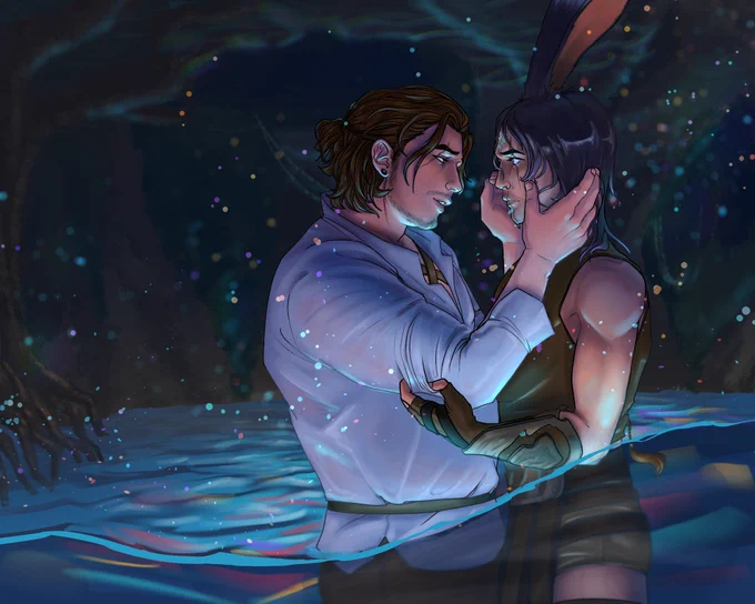 full color illustration. Meteor from FFXIV tenderly and tentatively holds the face of the true Warrior of Light, Crocus, as they gather closely in an underground cenote cave in waist high water. There's a multicolored, luminous haze around them, its peaceful here.