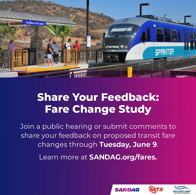 A Sprinter train at a station with people on the platform. Text over the image invites public feedback on a fare change study, with a deadline of Tuesday, June 9. Logos for SANDAG, MTS, and NCTD are displayed at the bottom.