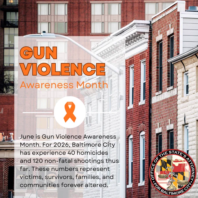 June is Gun Violence Awareness Month. For 2026, Baltimore City has experience 40 homicides and 120 non-fatal shootings thus far. These numbers represent victims, survivors, families, and communities forever altered.