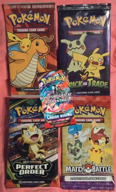 Photo-style promo image showing four sealed Pokémon card packs arranged on a red background: a Pokémon Trading Card Game Dragonite pack, a Trick or Trade pack featuring Pikachu and Mimikyu, a Mega Evolution Perfect Order pack, and a McDonald’s Match Battle promo pack with Pikachu and Paldea starters. A smaller Chaos Rising pack graphic is overlaid in the center with text saying “Bonus added at 1,500 entries.”