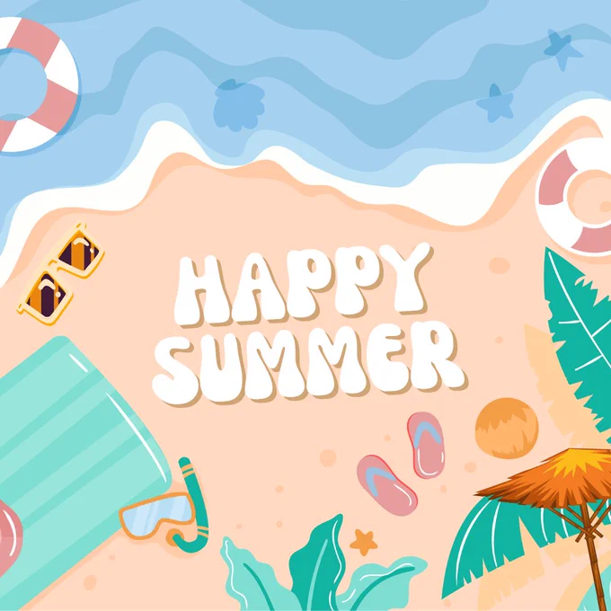 Top view of a sunny beach with 'Happy Summer' text, sunglasses, flip-flops, snorkel gear, and tropical leaves.
