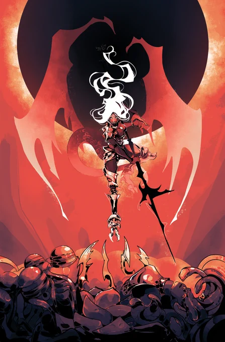 A half dragon woman, Nael Van Darnus, flies with a spear over the corpses of her enemies scattered below her. The entire scene is cast in red, black and white inks -- she is silouhetted by the red moon looming behind her, ready to fall on all who oppose her.