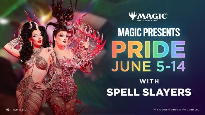 A graphic with a picture of two drag queens---Bosco & Irene Alien---dolled up in glamourous outfits. Beside the pair is text that reads: \"Magic Presents: Pride June 5-14th wih Spell Slayers\".
