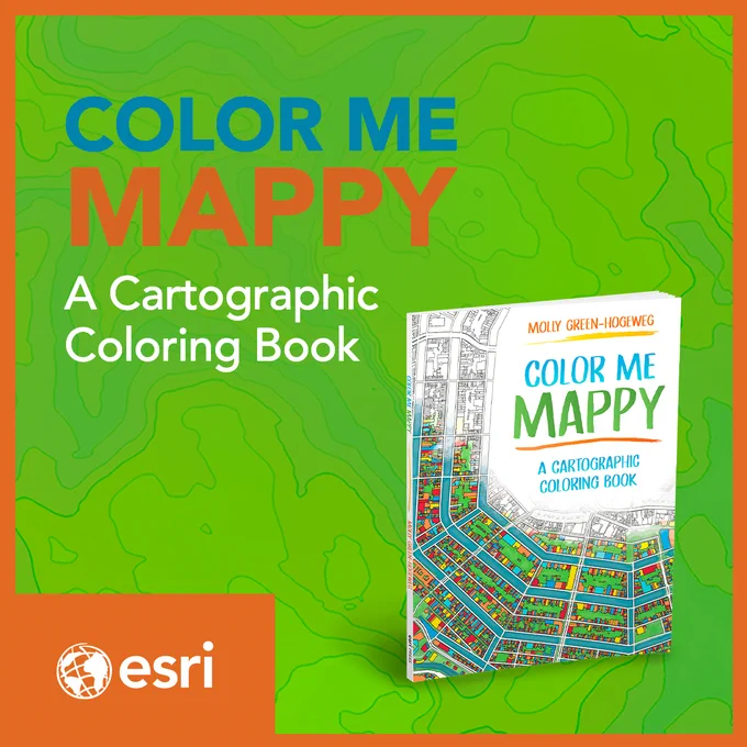 Cover of 'Color Me Mappy,' a cartographic coloring book featuring a colorful street map illustration on a green topographic background.