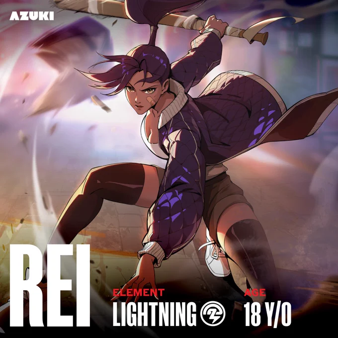 Anime character Rei poised for action with a weapon. The character is associated with the lightning element and has a focused expression.