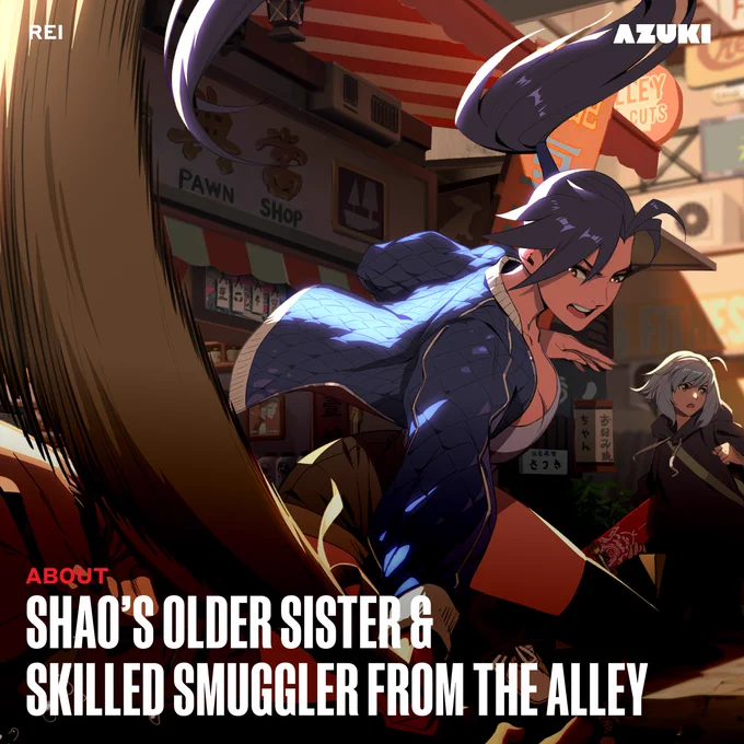 Dynamic anime scene featuring Shao's older sister in an alley, displaying movement and energy. The character is engaged in a smuggling operation.