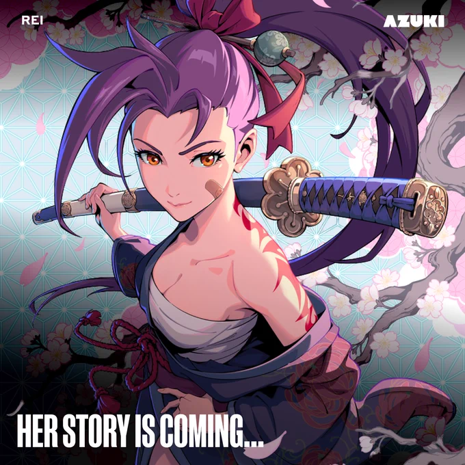 Vibrant anime artwork featuring a confident female character with purple hair holding a decorative sword. The background is adorned with traditional patterns and cherry blossoms, adding to the dynamic scene.