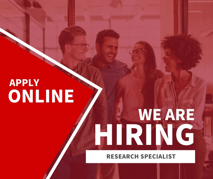 Text "Apply Online. We Are Hiring. Research Specialist." with a diverse group of four smiling at work in the background.