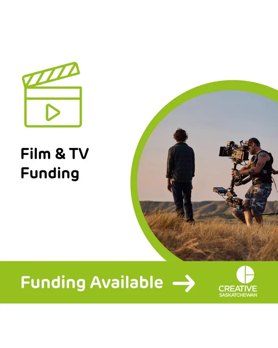 A man stands on a hill overlooking a valley, a camera man films from behind. A film clapper icon sits atop the words “Film & TV Funding” A green bar across the bottom reads “funding available” with an arrow. 
