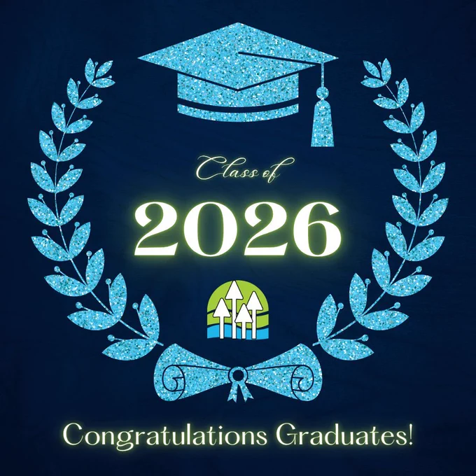 Graduation graphic featuring a blue glitter graduation cap, laurel wreath, diploma scroll, the text "Class of 2026," and a small logo, set against a dark blue background. 