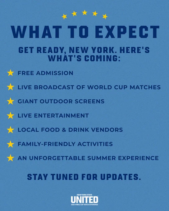 A blue poster with the heading "What to Expect." It lists upcoming activities in New York, including free admission, live broadcasts of World Cup matches, giant outdoor screens, live entertainment, local food and drink vendors, family‑friendly activities, and an unforgettable summer experience. The bottom notes to stay tuned for updates. The poster includes the branding "UNITED 2026" and features several yellow stars.