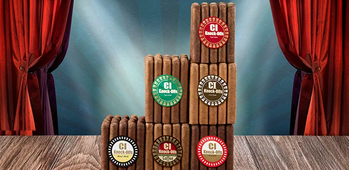 A display of CI Knock-Offs cigars arranged in a stepped formation against a blue background. - Cigars International