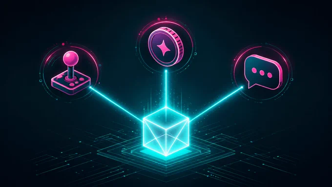 A flat-vector tech illustration on a dark teal background: a single glowing cyan data packet at center splits into three light-beams leading to three icons — a joystick, a coin, and a speech bubble — with hot-pink accent lighting. Bold text reads "ONE PAYLOAD. THREE JOBS."
