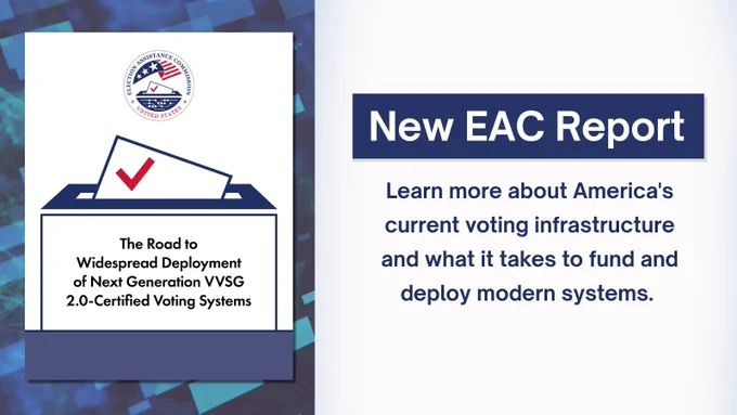 A dark blue cyber texture fills the left half of a white frame with a cover of the report, showing a circular EAC logo and illustrated ballot box with text reading "The Road to Widespread Deployment of Next Generation VVSG 2.0-Certified Voting Systems". To the right in the header is a dark blue bar 