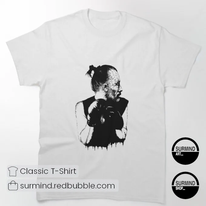 A white classic t-shirt featuring a detailed, highly stylized  illustration of Thom Yorke portrait black and white ink drawing