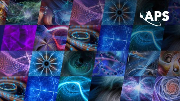 Collage-style graphic featuring abstract physics-inspired visuals in shades of blue, purple, and teal arranged in angled rectangular panels. Designs include glowing particle trails, wave patterns, orbital paths, light streaks, and fractal-like energy forms. The white APS logo appears in the upper-right corner against a dark background.