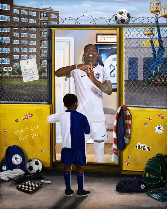 A young Eberechi Eze is stood in his grassroots kit looking at a mirror at the reflection of his present self stood in an England kit.