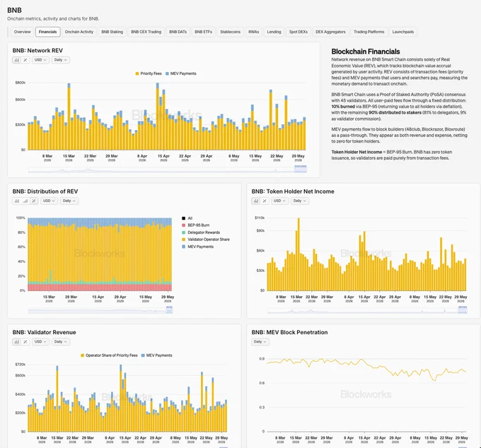 Various charts display BNB Chain's financial metrics, including network revenue, distribution, token holder income, and validator revenue.