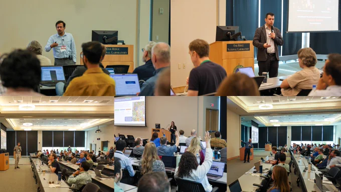 A variety of photos of featured presentations from Spencer Bryngelson, Arthur Lorenzon, Joe Oefelein, Suhas Jain, and Daniela Cassol during the OLCF User Summit.