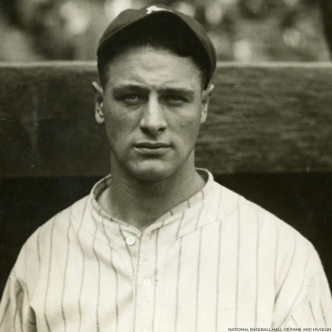 Head and shoulders portrait of Lou Gehrig in a home pinstripe Yankees uniform. (National Baseball Hall of Fame and Museum)