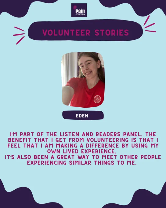 Volunteer Eden shares how being part of Pain Concern's Listener and Readers Panel helps her make a difference using her lived experience and connect with others.