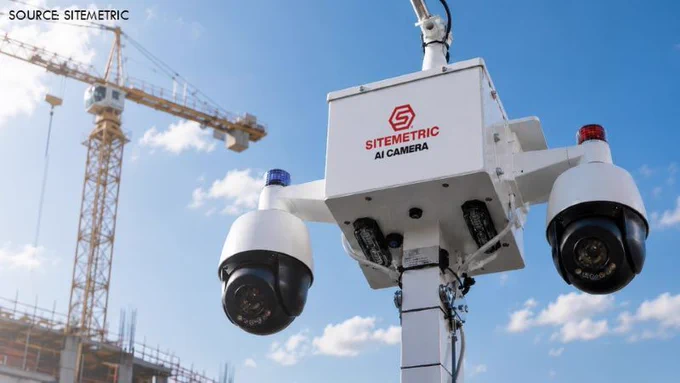 AI-enabled construction site monitoring camera mounted on a pole at an active jobsite, with tower cranes and building construction visible in the background.