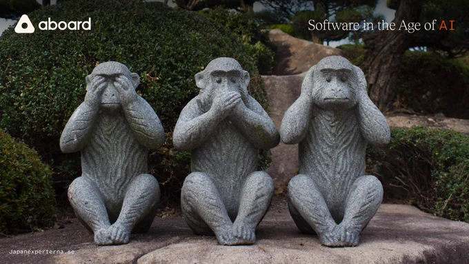 Image of a statue featuring three monkeys doing the see no evil, speak no evil, hear no evil poses. Aboard logo in white and "software in the age of AI" in white and orange, both at top opposite corners. 