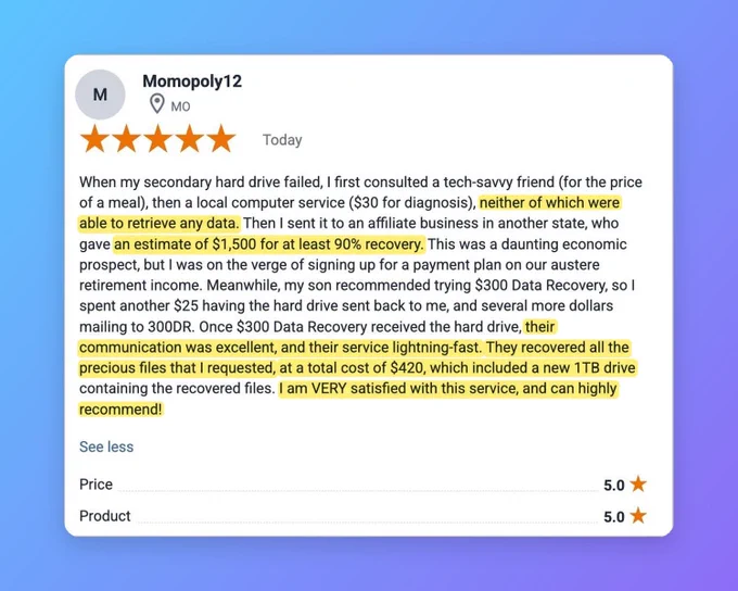 5-star review: a failed hard drive recovered in full for $420 including a new 1TB drive, after a $1,500 quote elsewhere.