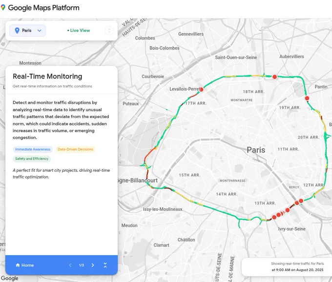 A Google Maps Platform interface displays "Real-Time Monitoring" of traffic conditions in Paris, France. A sidebar on the left describes how the tool detects traffic disruptions by analyzing real-time data, while the map on the right shows a color-coded ring road with red incident markers. 