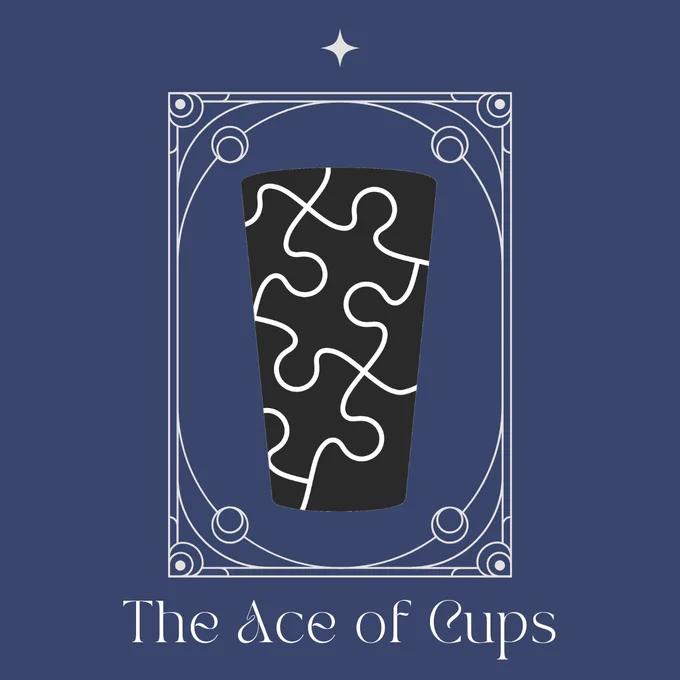 A black pint glass with a white jigsaw puzzle pattern in the middle of a card that says The Ace of Cups