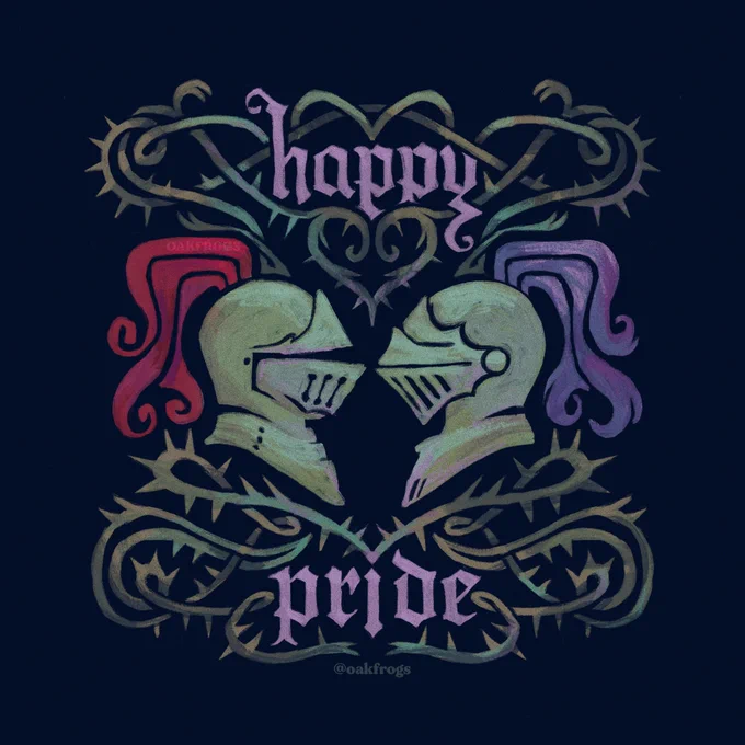 Digital oil painting of two knights in side profile, facing eachother. One knight has a red plume and the other has a blue plume. They are surrounded by twisting organic ivy / thorns, a heart between them, and the text 'happy pride