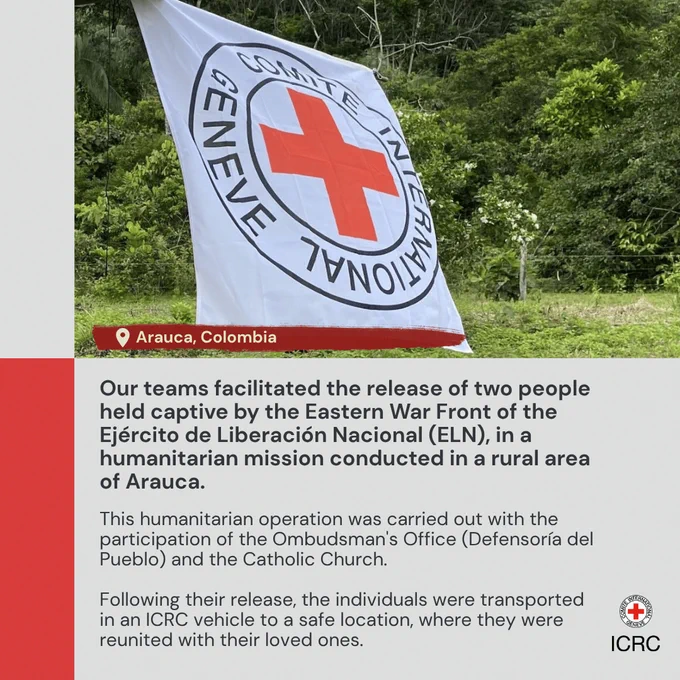 Our teams facilitated the release of two people held captive by the Eastern War Front of the Ej\u00E9rcito de Liberaci\u00F3n Nacional (ELN), in a humanitarian mission conducted in a rural area of Arauca.  This humanitarian operation was carried out with the participation of the Ombudsman's Office (Defensor\u00EDa del Pueblo) and the Catholic Church.  Following their release, the individuals were transported in an ICRC vehicle to a safe location, where they were reunited with their loved ones.