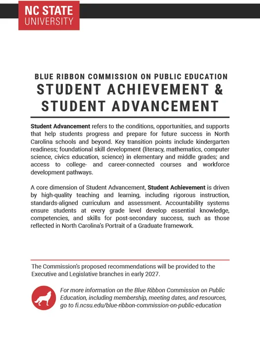 Cover of the Blue Ribbon Commission on Public Education's brief focusing on student achievement and advancement in North Carolina schools.