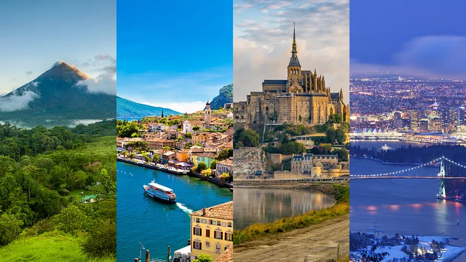 Four split images: a green landscape with a mountain and clouds, a waterside town, a cathedral and houses, and a city skyline at night with a bridge.