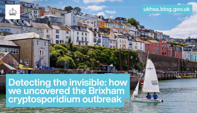 Colourful harbour town with sailboat on water, text overlaid reads: Detecting the invisible: how we uncovered the Brixham cryptosporidium outbreak