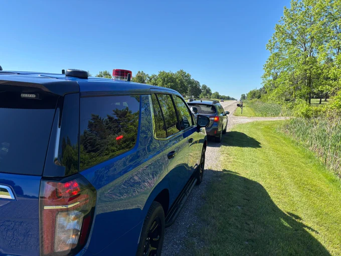 Michigan State Police patrol vehicle on a traffic stop in the construction zone
